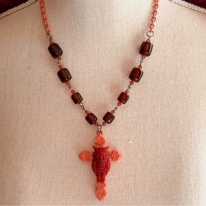 Rare Tarina Tarantino Lucite Owl Cross Beaded Necklace Adjustable Orange Chain